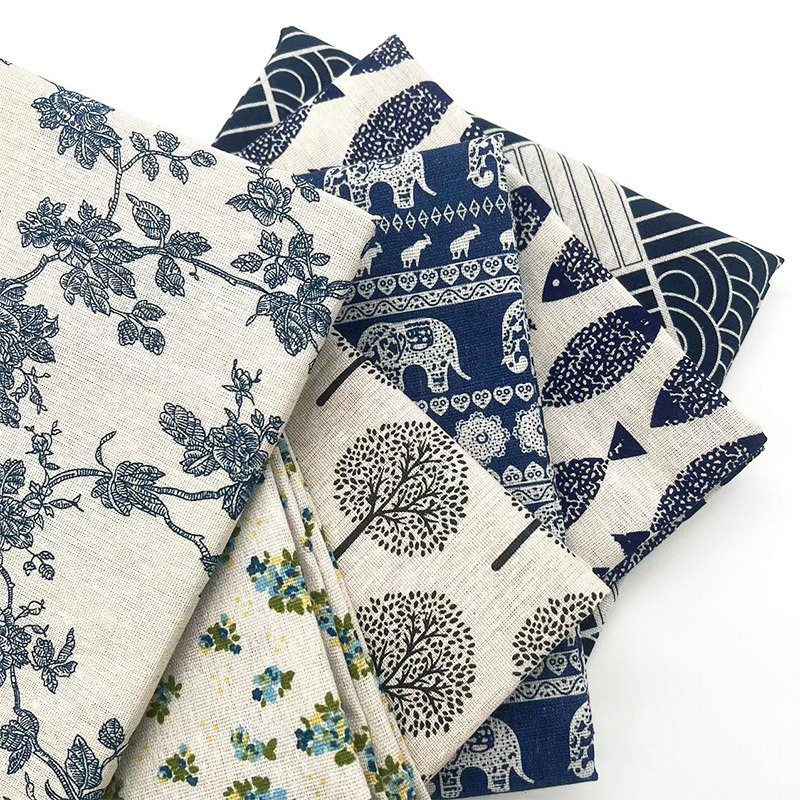 Home Textiles Discount - Винтажная синяя хлопково-льняная ткань с цветочным